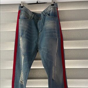 ROMWE Relaxed Blue and Red Jeans with Side Stripes